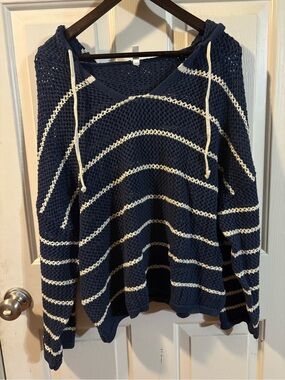 Wishlist Navy and Cream Striped Open-Knit Hoodie Sweater
